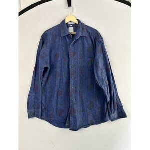 Mareh Mens Large Blue Paisley Floral Cotton Denim Long Sleeve Button Down Shirt